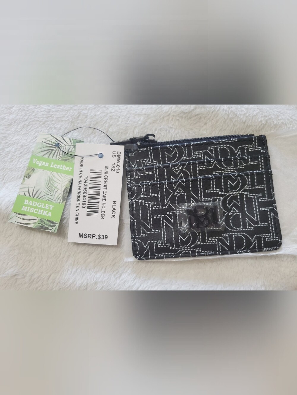 NWT Badgley Mischka Black Mini Credit Card Holder with Logo Pattern